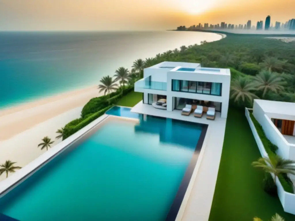 Exclusiva villa de lujo en la playa del Golfo Pérsico Una villa de lujo frente al mar en Medio Oriente, con diseño arquitectónico moderno, piscina infinita y playa privada