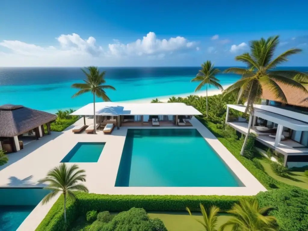 Villa de lujo con piscina privada frente al mar Villa de lujo frente al mar con piscina privada rodeada de palmeras, terraza con muebles elegantes y vistas al océano