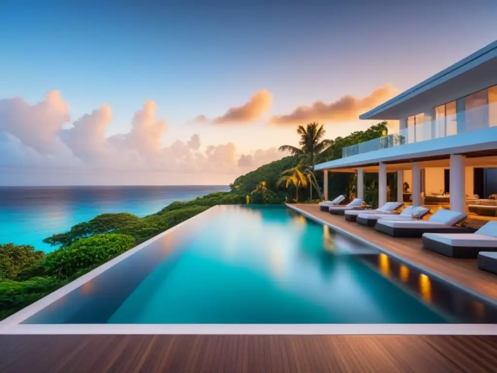 Villa de lujo en el Caribe: atardecer exclusivo frente al mar Villa de lujo frente al mar en el Caribe con piscina infinity, exuberante paisajismo tropical y yate privado en el muelle al atardecer