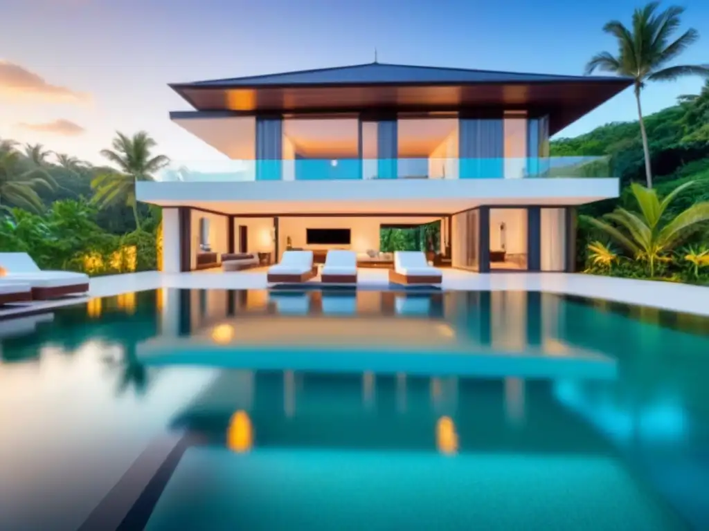 Villa de lujo frente al mar: moderna elegancia en paraíso tropical Villa de lujo frente al mar con piscina infinita privada y terraza al atardecer