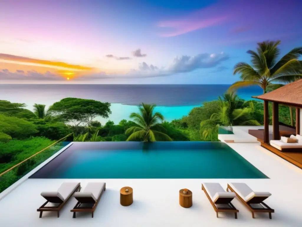 Villa de lujo frente al mar: oasis tropical al atardecer Villa de lujo frente al mar con piscina infinita privada y atardecer vibrante