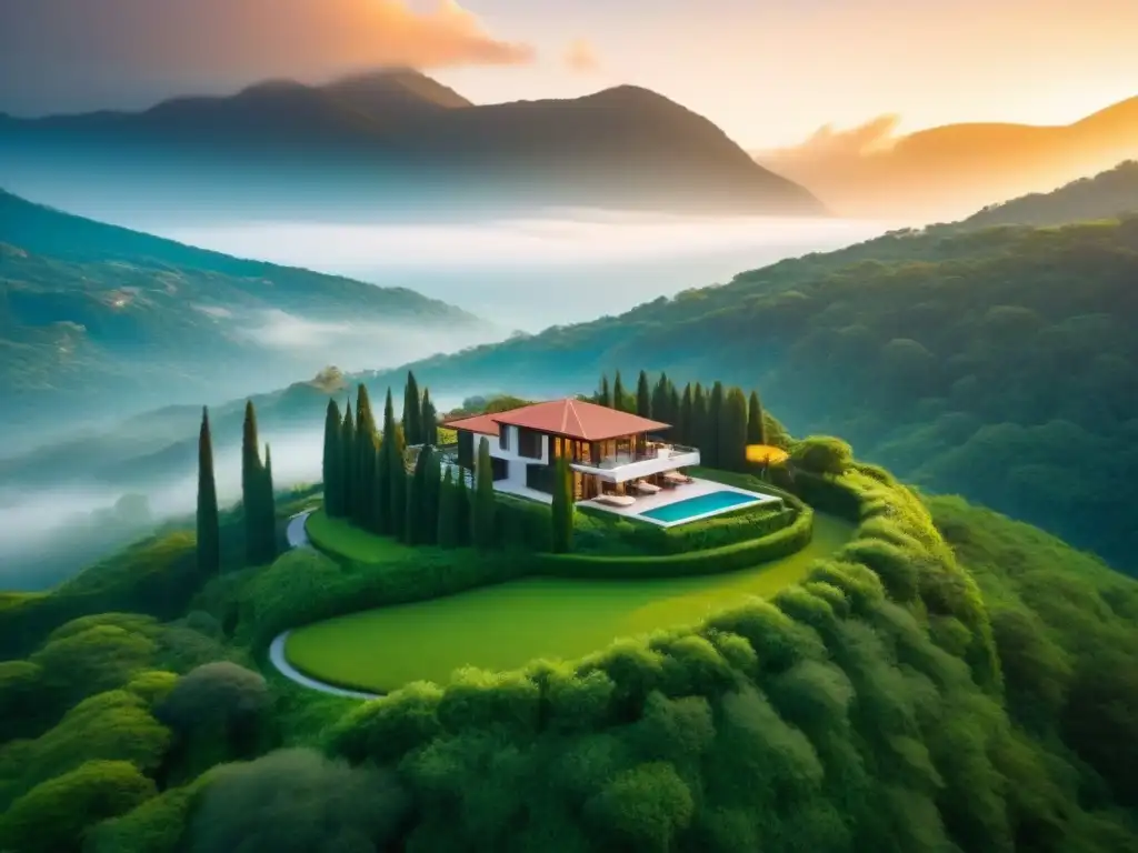 Villa de lujo en la naturaleza virgen: atardecer dorado Villa de lujo en medio de la naturaleza virgen
