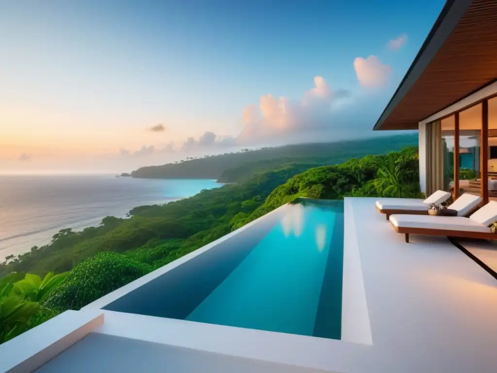Villa de lujo con vistas al mar en acantilado Una villa de lujo moderna en un acantilado con vista al mar turquesa