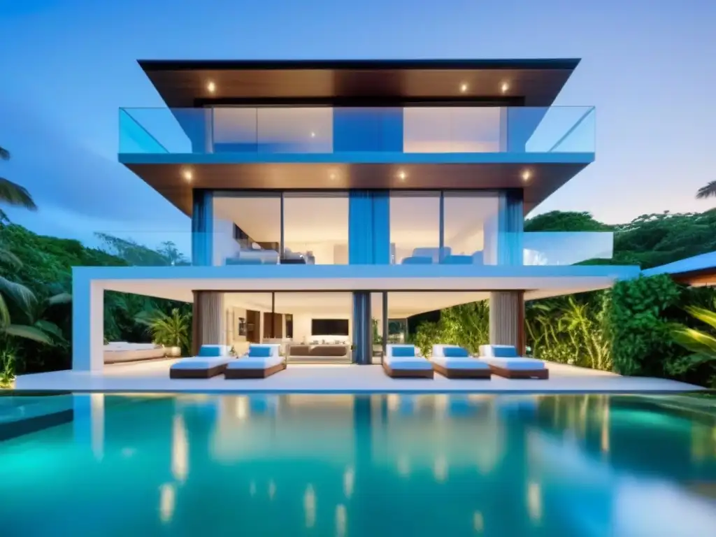 Villa de lujo frente a la playa: exclusividad y tranquilidad en 8k Una villa de lujo moderna en la playa, rodeada de exuberante vegetación tropical y aguas turquesas
