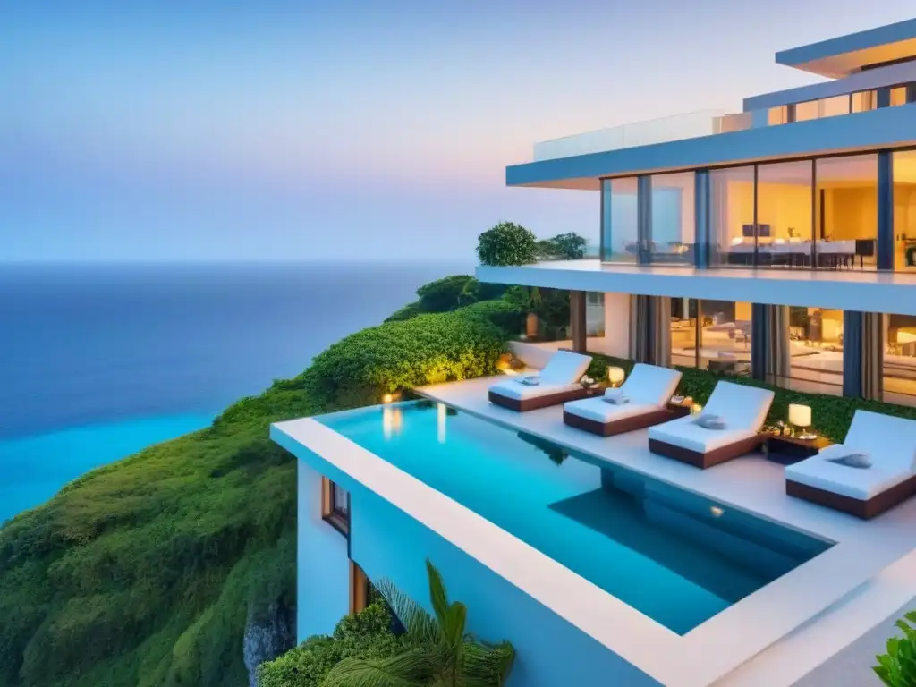 Villa de lujo con vistas al mar: diseño moderno y elegante Villa de lujo moderna con vista al mar turquesa, piscina infinita y atardecer dorado, ideal para influencers mercado inmobiliario internacional