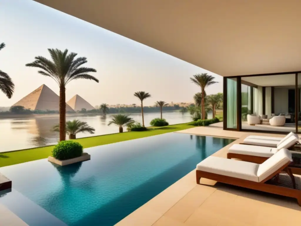 Villa de lujo junto al Nilo: opulencia y elegancia en Egipto Villa de lujo en el Nilo, con arquitectura moderna y elementos egipcios tradicionales, reflejando opulencia y sofisticación