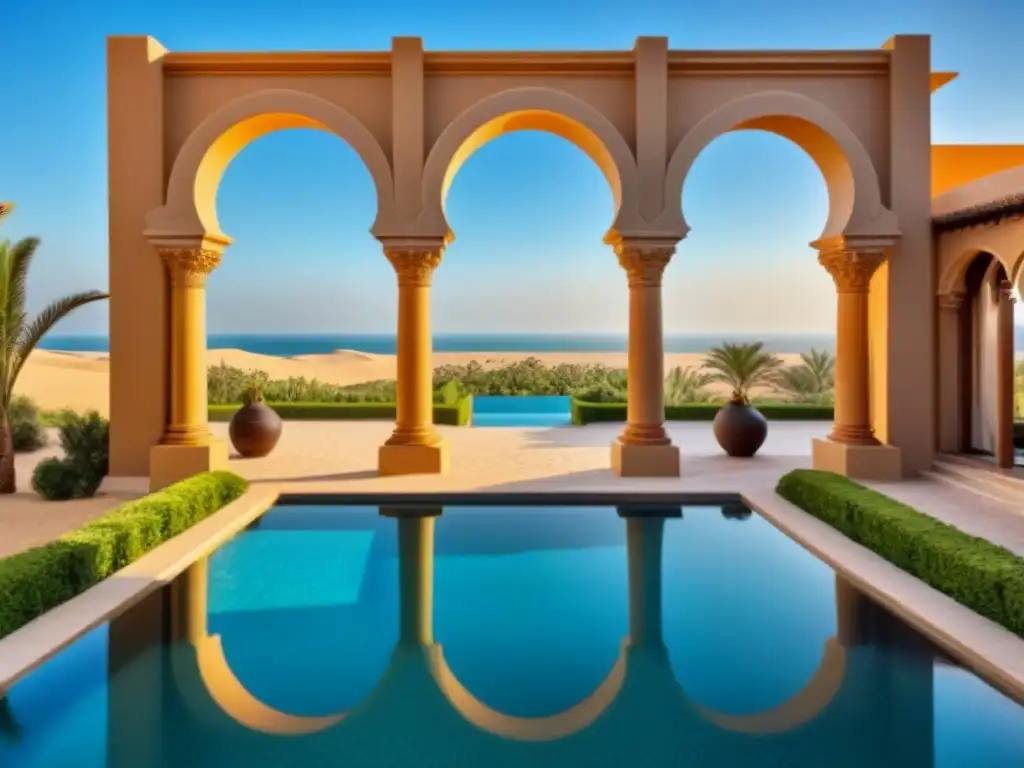 Villa de lujo en Medio Oriente: detalle arquitectónico y opulencia Villa de lujo en Medio Oriente: arquitectura detallada, piscina infinita y palmeras en un oasis en el desierto