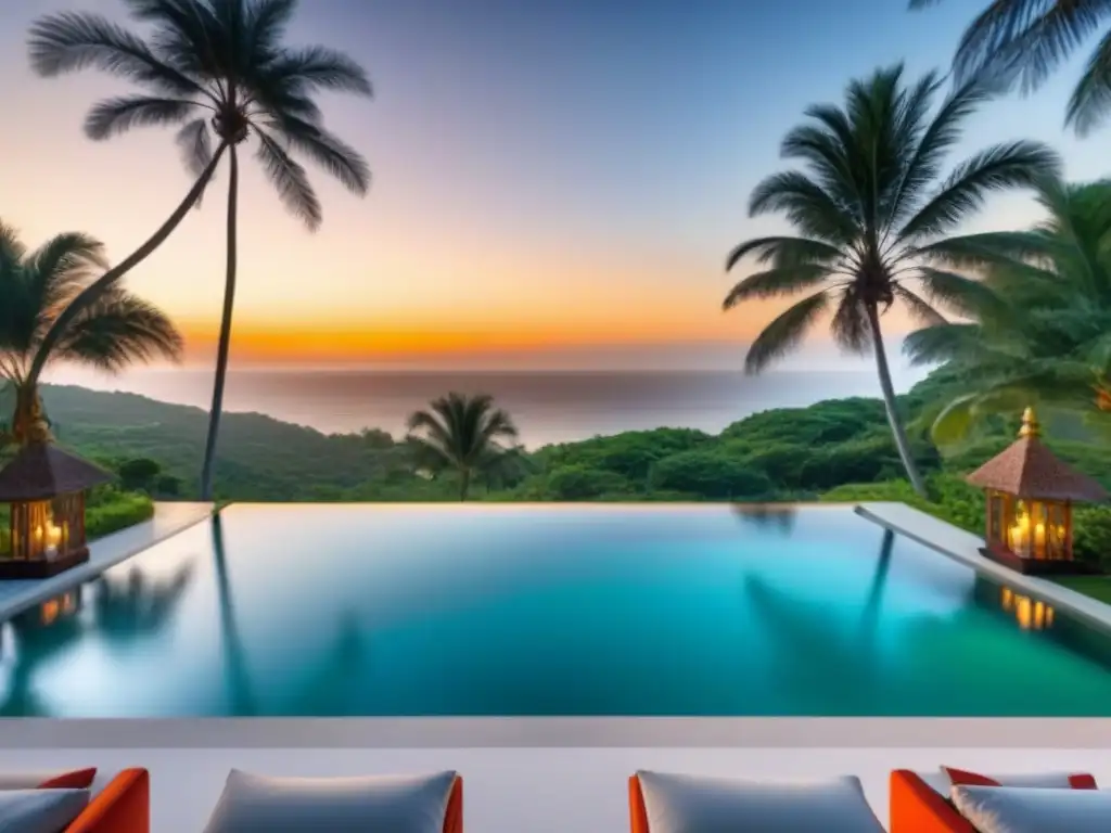Villa de lujo con piscina infinita y playa paradisíaca al atardecer Villa de lujo con piscina infinita, playa de aguas turquesas, palmeras y atardecer cálido