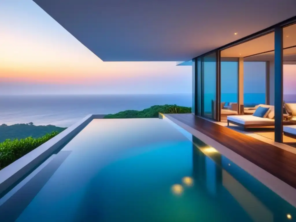 Villa de lujo con piscina infinita y vista al mar al atardecer Villa de lujo con piscina infinita y vista al mar al atardecer