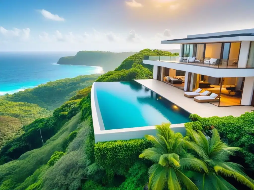 Villa de lujo con piscina infinita en paraíso tropical Villa de lujo con piscina infinita privada, rodeada de vegetación tropical, frente al mar turquesa