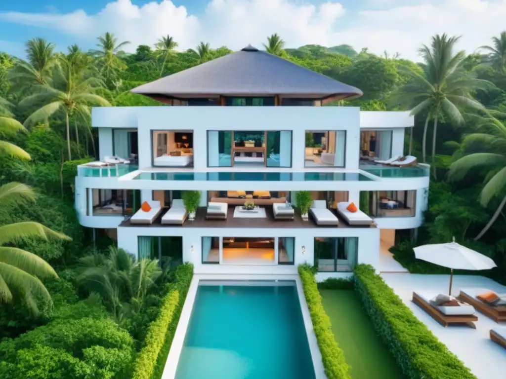 Villa de lujo con piscina infinita frente al mar Villa de lujo con piscina infinita privada, rodeada de naturaleza exuberante y aguas turquesas, reflejando las tendencias alquileres vacacionales internacionales