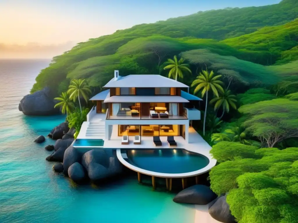 Villa de lujo con piscina infinita frente al mar Villa de lujo con piscina infinita privada frente al mar, rodeada de exuberante vegetación tropical al atardecer