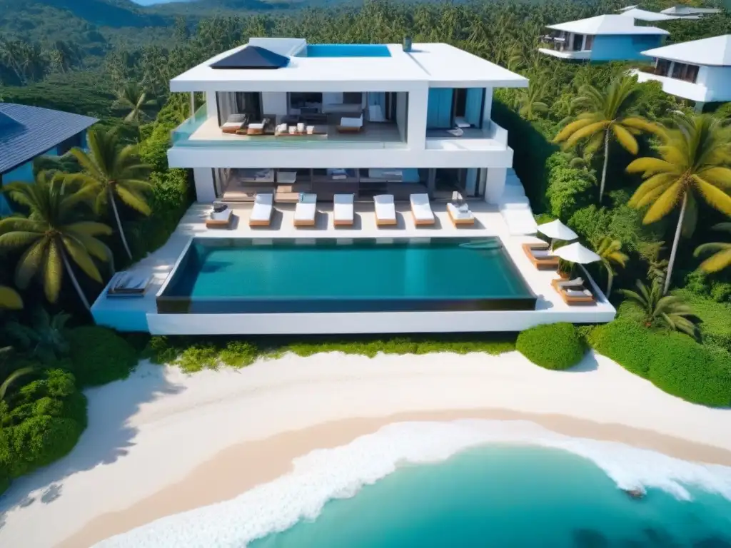 Propiedad vacacional de lujo con piscina infinita y vistas al mar Villa de lujo con piscina infinita privada frente al mar, rodeada de vegetación exuberante y palmeras