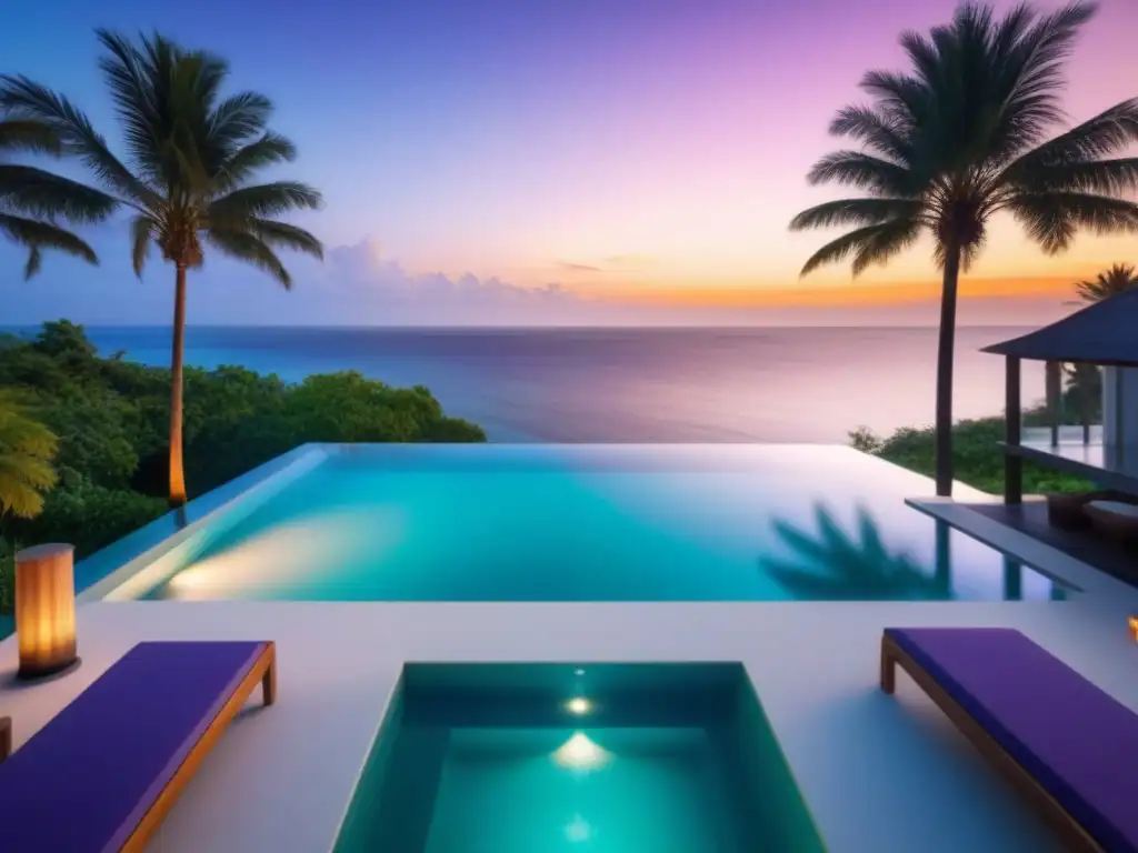 Villa de lujo frente al mar con piscina infinita privada Una villa de lujo con piscina infinita privada frente al mar, diseño moderno y atardecer vibrante
