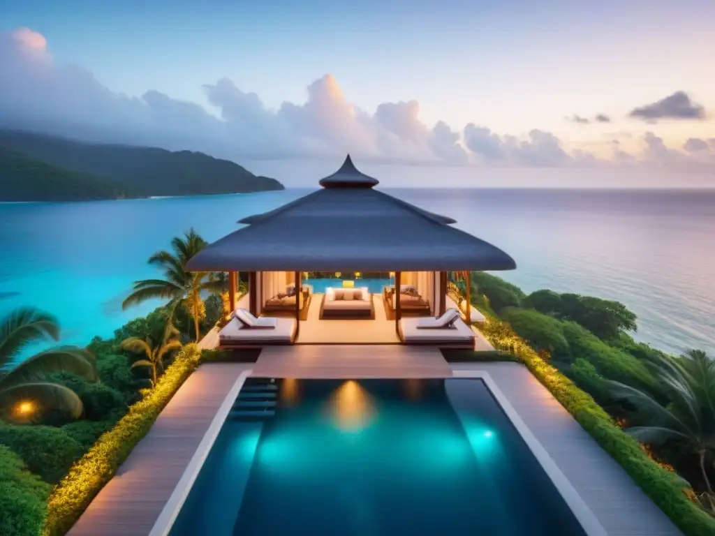 Villa de lujo con infinity pool en la playa al atardecer Villa de lujo con piscina infinita privada frente a la playa, intercambio tiempo compartido lujo
