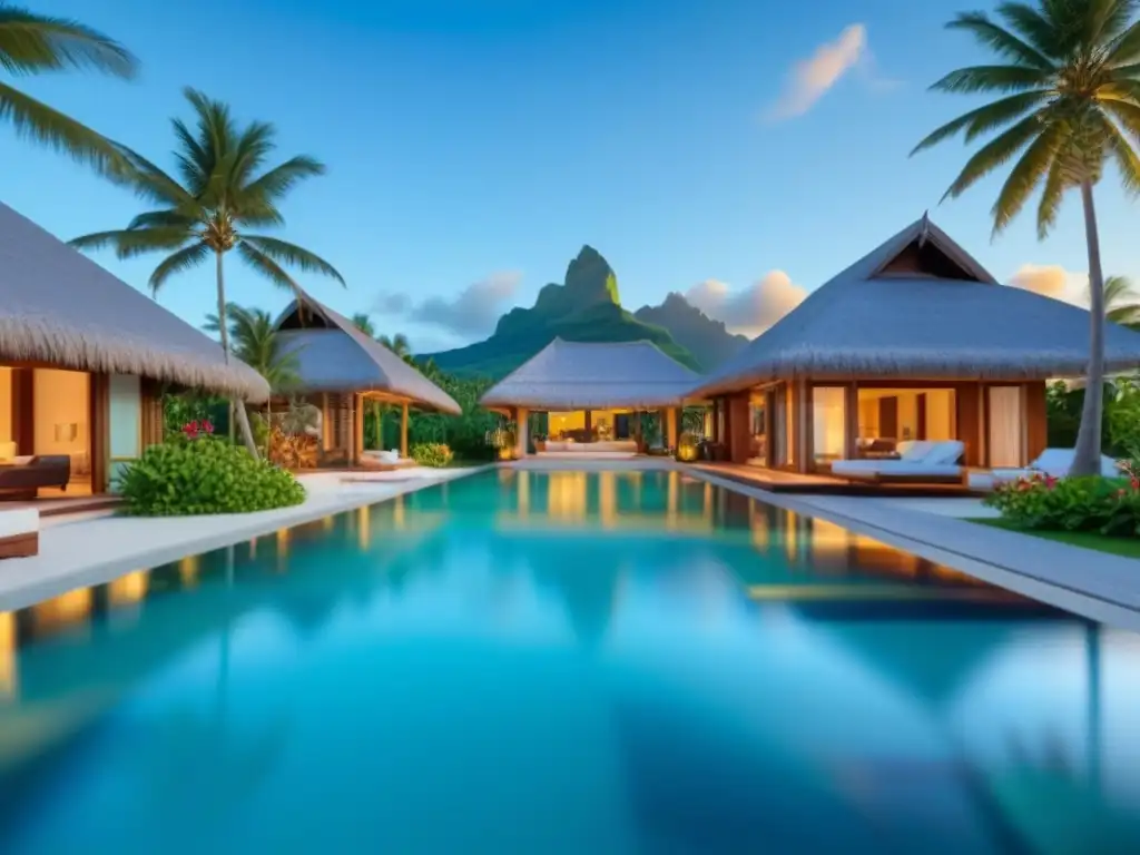 Villa de lujo en Bora Bora con piscina infinita y atardecer Villa de lujo en Bora Bora con piscina infinita y vistas al mar