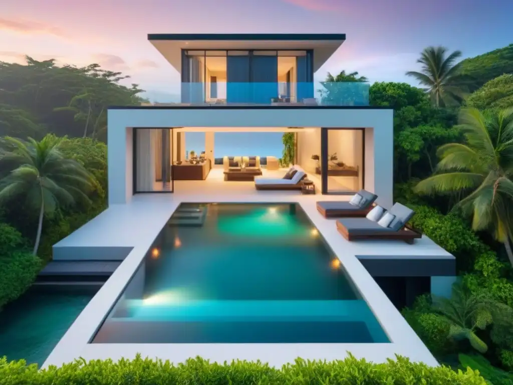 Residencia de lujo frente al mar con piscina infinita y atardecer tropical Villa de lujo con piscina infinita frente al mar, rodeada de vegetación tropical, ideal para inversores en propiedades vacacionales