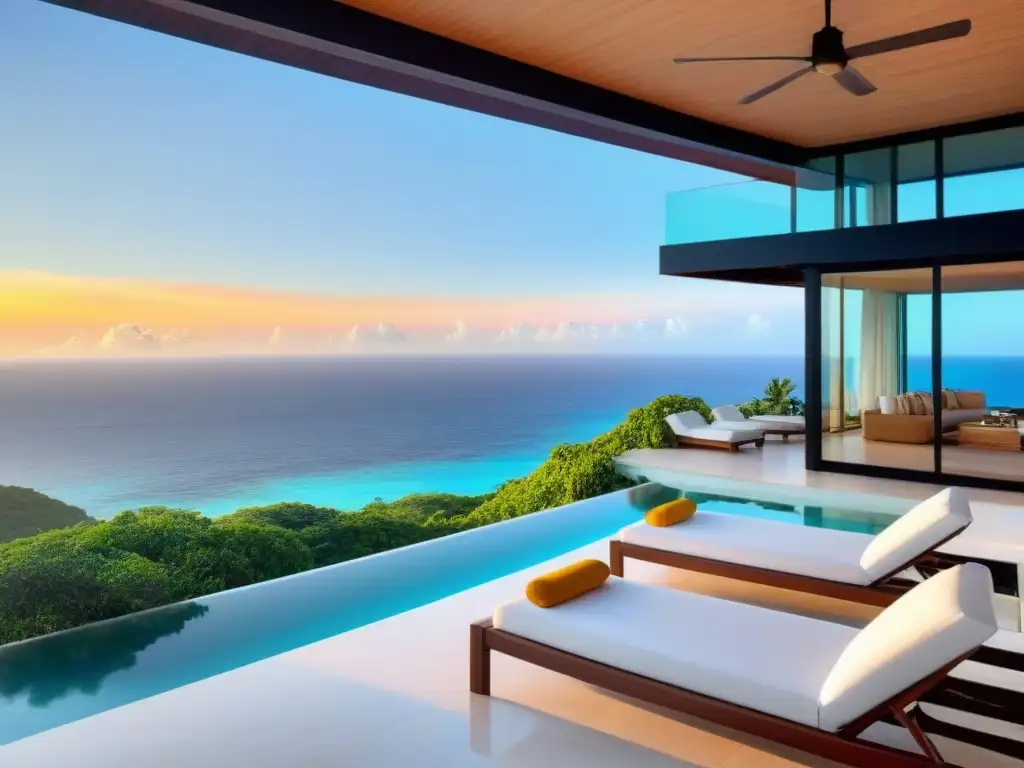 Villa de lujo en acantilado con piscina infinita Villa de lujo con piscina infinita en acantilado, paisaje tropical y mar turquesa