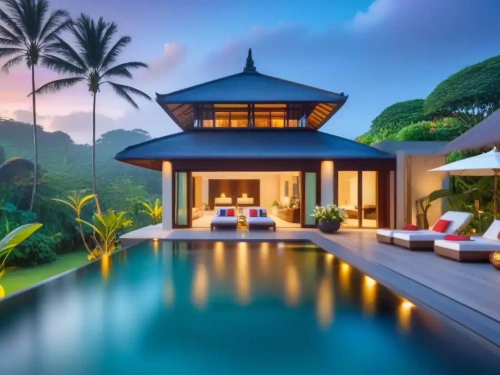 Villa de lujo en Bali: piscina infinita y atardecer Villa de lujo con piscina infinity privada en Bali, rodeada de exuberante vegetación tropical y flores exóticas