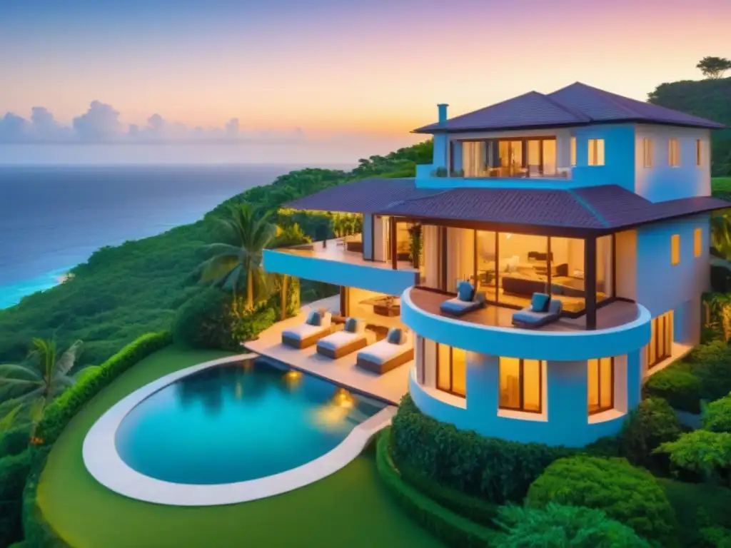 Villa de lujo con piscina privada y vistas al mar al atardecer Villa de lujo con piscina privada y vista al mar al atardecer