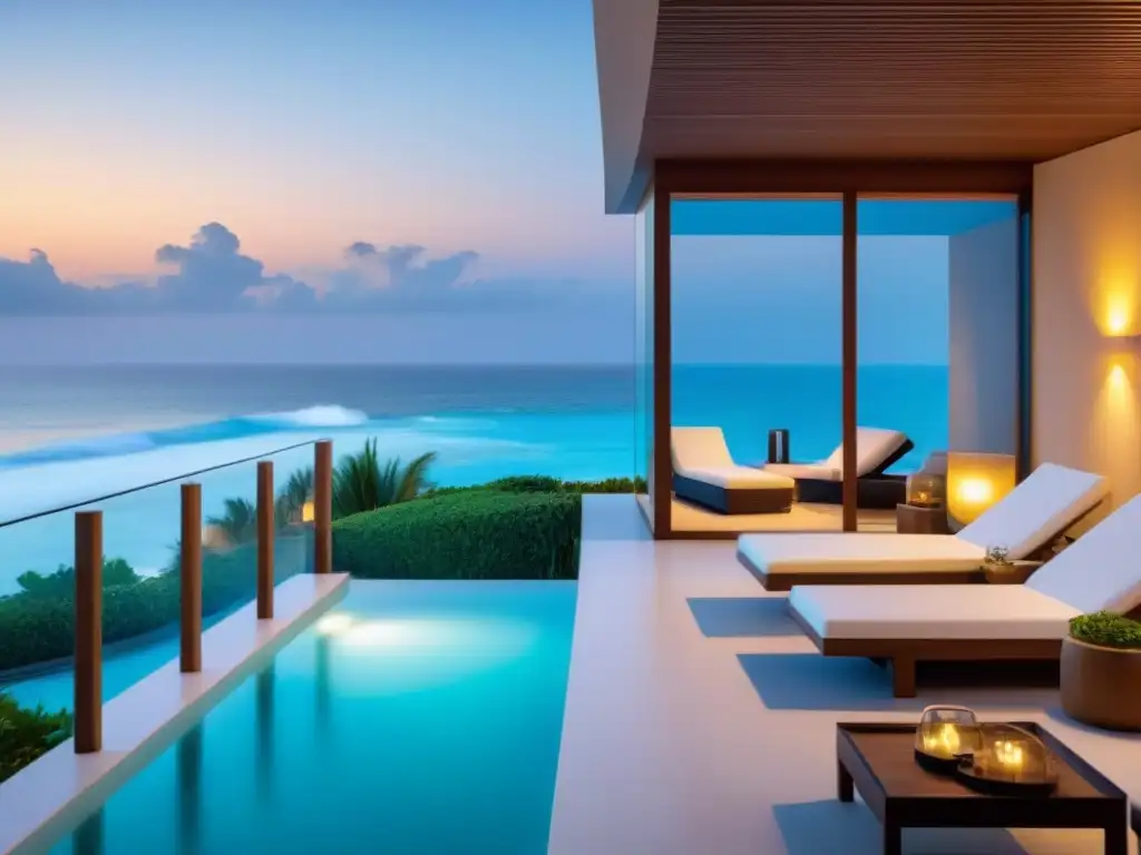 Villa de lujo frente al mar al atardecer: exclusividad y elegancia Villa de lujo en playa al atardecer con diseño moderno y exclusivo