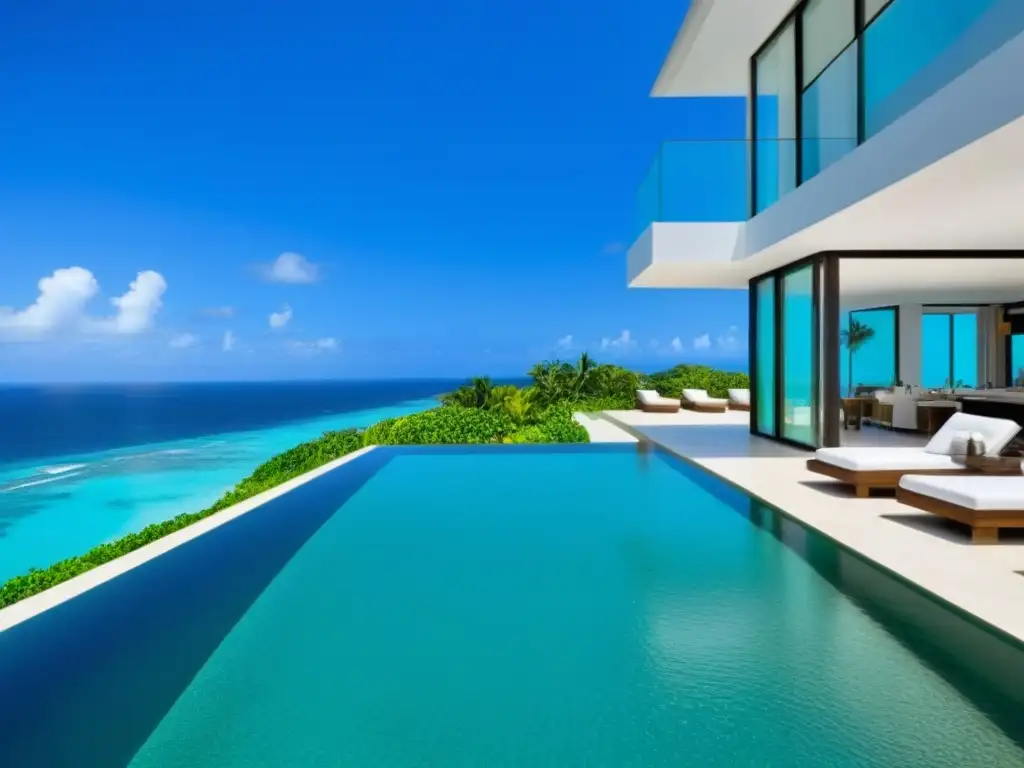 Villa de lujo frente al mar: diseño moderno y sofisticado Villa de lujo en playa con diseño moderno, ventanales, terraza vista mar, piscina infinity privada y exuberante jardín