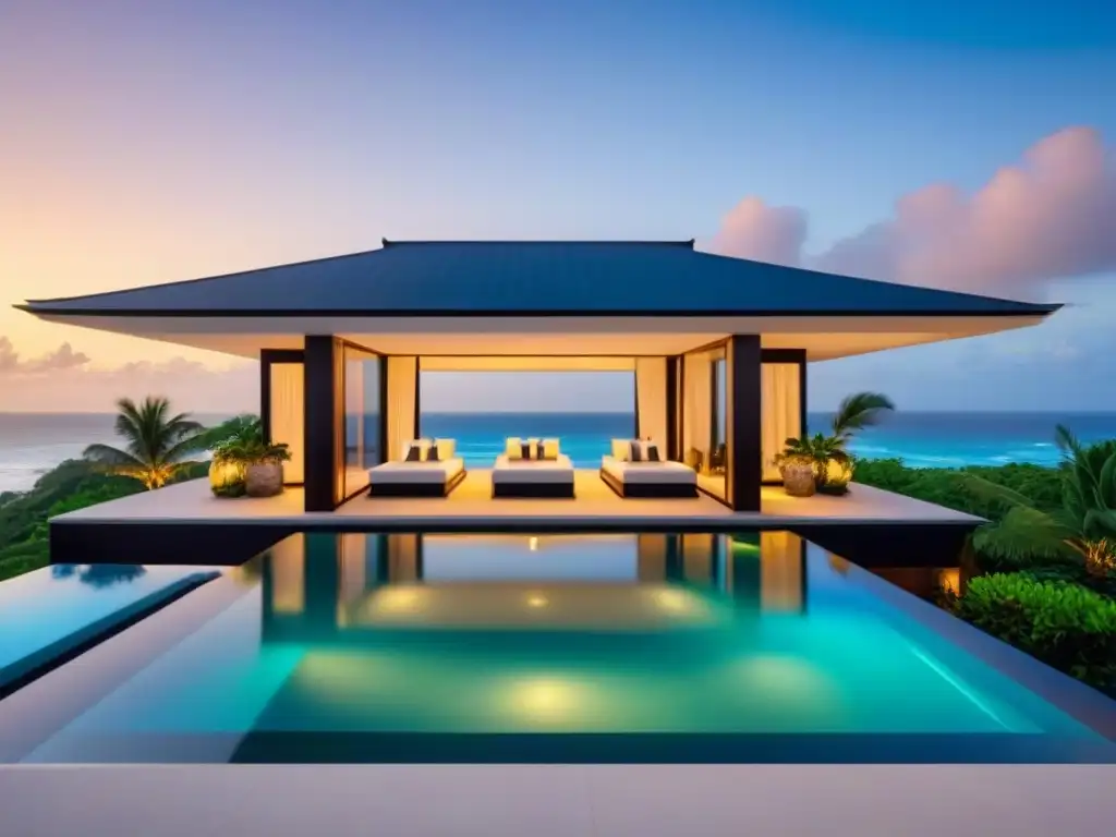 Villa de lujo frente al mar: atardecer dorado y exclusividad Villa de lujo en la playa con piscina infinita privada y diseño moderno, rodeada de exuberante vegetación tropical al atardecer