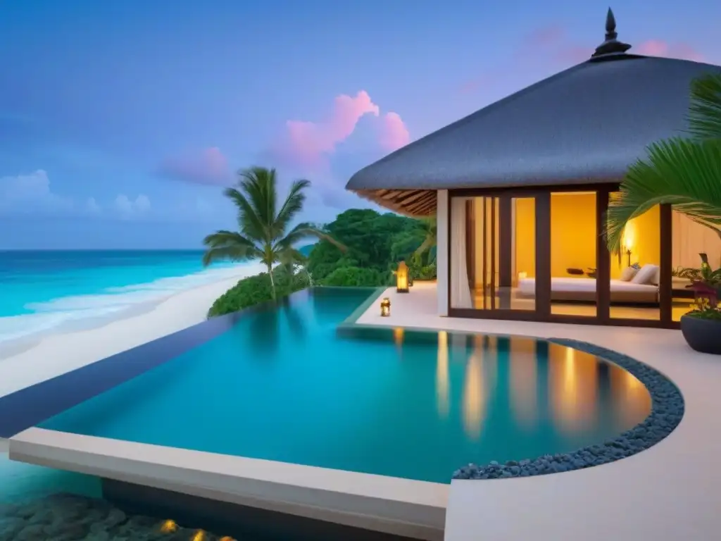 Villa de lujo en paraíso tropical con playa privada y piscina infinita Una villa de lujo en la playa con piscina infinita privada, rodeada de naturaleza exuberante y aguas turquesas