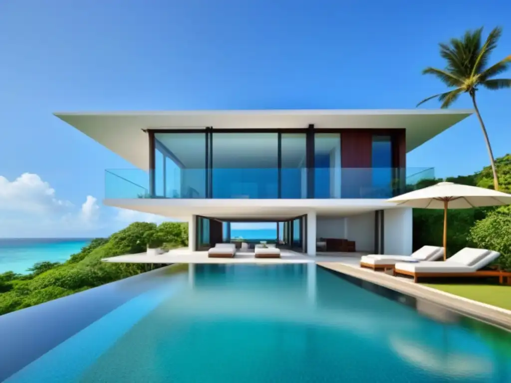 Villa de lujo frente al mar en isla tropical: exclusividad y sofisticación Villa de lujo en playa tropical del Sudeste Asiático, con piscina infinita y vista al mar
