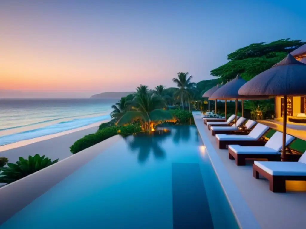 Resort de lujo en la playa al atardecer Villa de lujo en resort frente a la playa con infinity pool y playa privada
