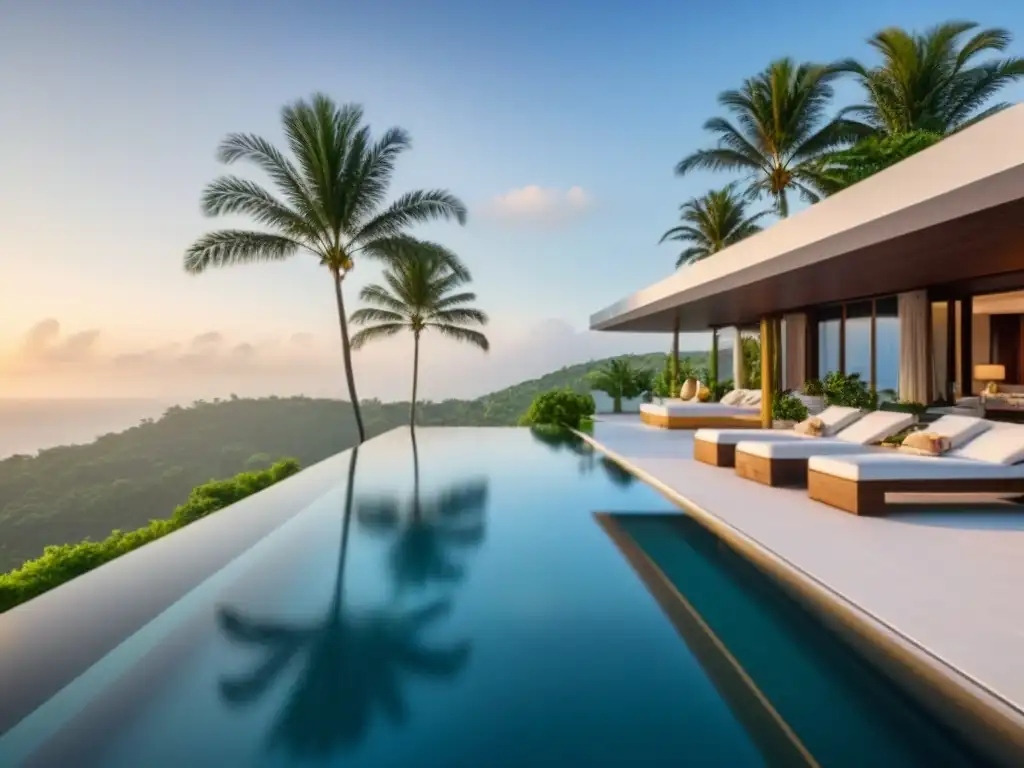 Villa de lujo con piscina infinita en entorno paradisíaco Villa de lujo rodeada de naturaleza, con piscina infinita y atardecer dorado