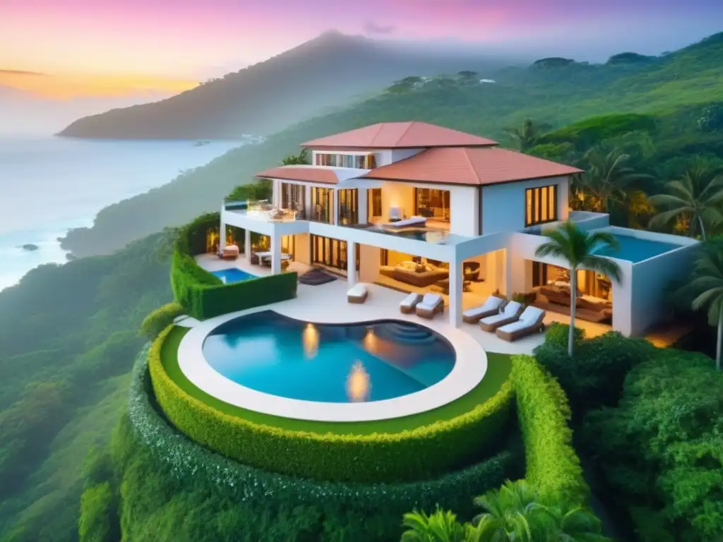 Villa de lujo con piscina privada y vistas al mar al atardecer Una villa de lujo rodeada de vegetación, con piscina privada y vistas al mar al atardecer