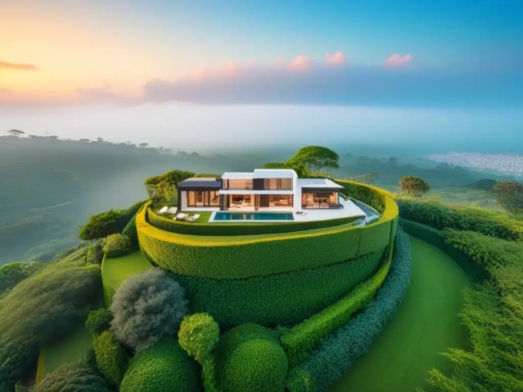 Espléndida villa de diseño capturada por dron al atardecer Villa de lujo rodeada de vegetación, capturada por un dron al atardecer