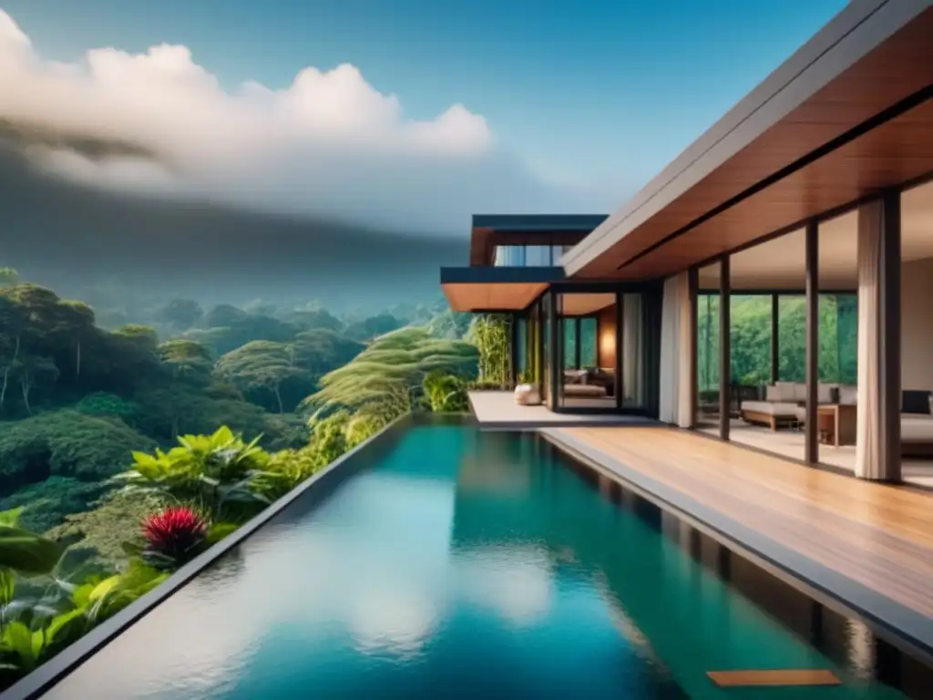 Villa de lujo sostenible en Asia: oasis tropical 8k Villa de lujo sostenible en Asia con diseño moderno, rodeada de exuberante naturaleza