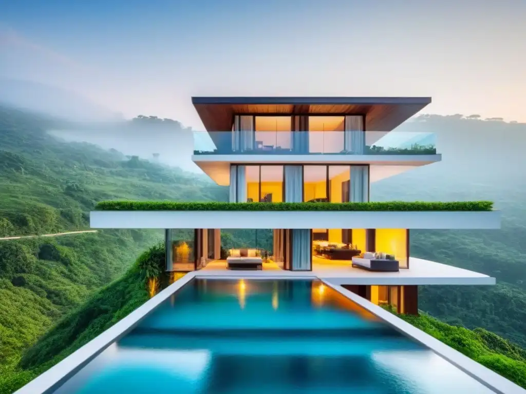 Villa eco de lujo: diseño sustentable con vistas panorámicas Villa de lujo sostenible con vista panorámica a la naturaleza y piscina infinita, ideal para proyectos inmobiliarios lujo sostenible