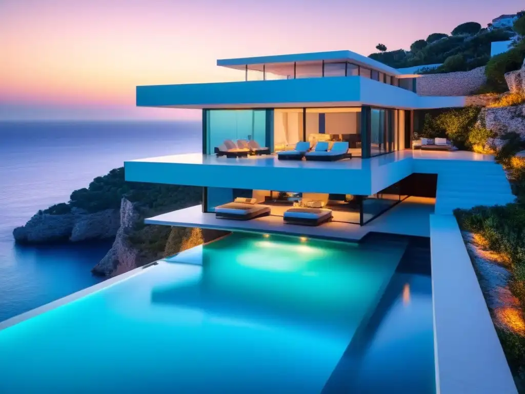Villa de lujo ultramoderna con vistas al mar: el epítome del lujo en 2023 Villa de lujo ultramoderna en acantilado con vista al mar Mediterráneo al atardecer