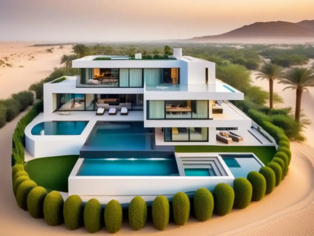 Villa de lujo en desierto: modernidad y exclusividad Una villa de lujo ultramoderna en el desierto de Medio Oriente, con líneas elegantes y diseño contemporáneo