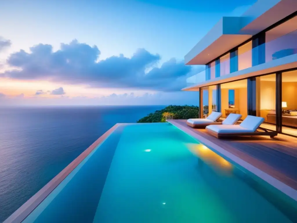 Villa de lujo ultramoderna con vista al mar turquesa Villa de lujo ultramoderna con vistas al mar turquesa, piscina infinita y atardecer vibrante