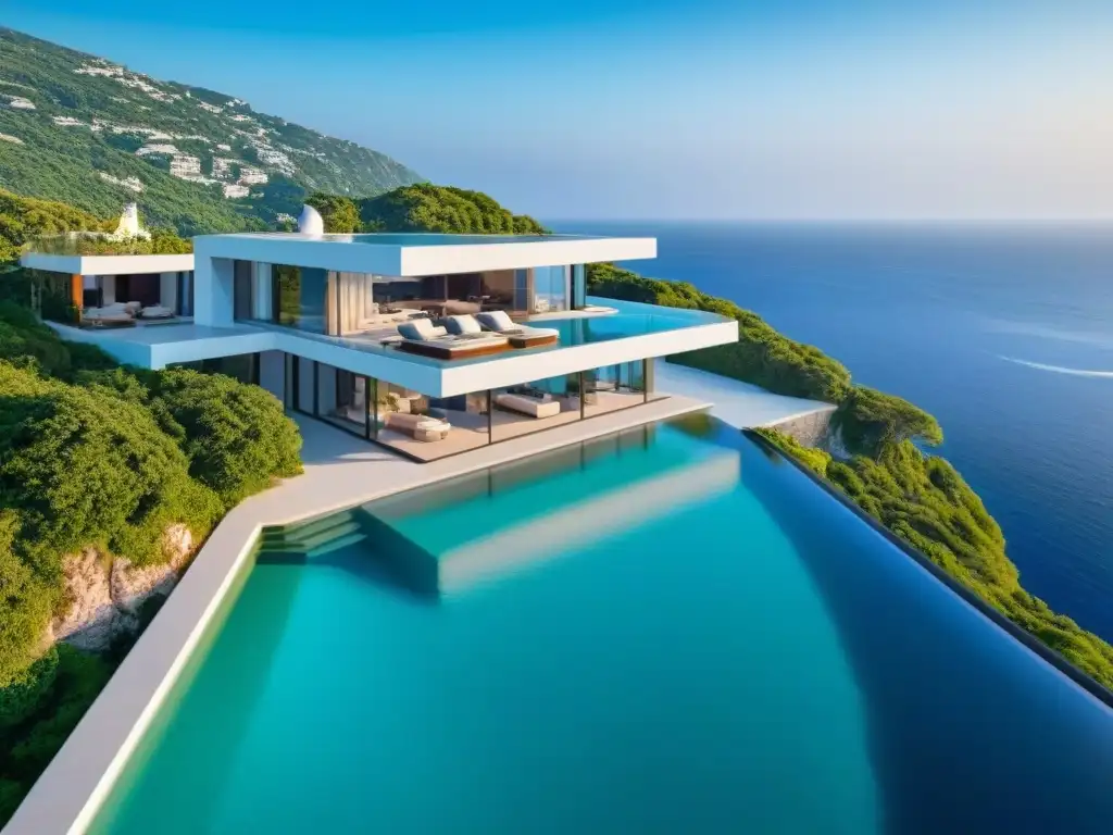 Villa de lujo en acantilado con vista al mar Villa de lujo con vista al mar, piscina infinita y helipuerto, rodeada de exuberante vegetación