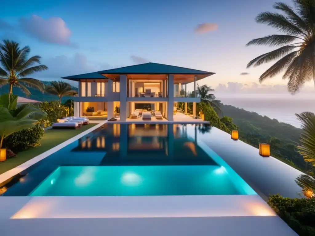 Villa de lujo con piscina infinita privada frente al mar turquesa Villa de lujo con vista al mar, piscina infinita y palmeras