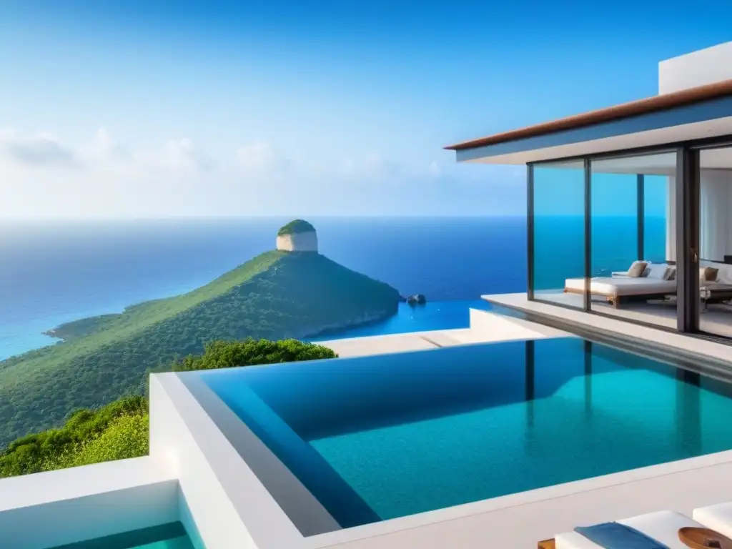 Villa de lujo en acantilado con vista al mar turquesa Villa de lujo con vista al mar turquesa, interior moderno y piscina infinita