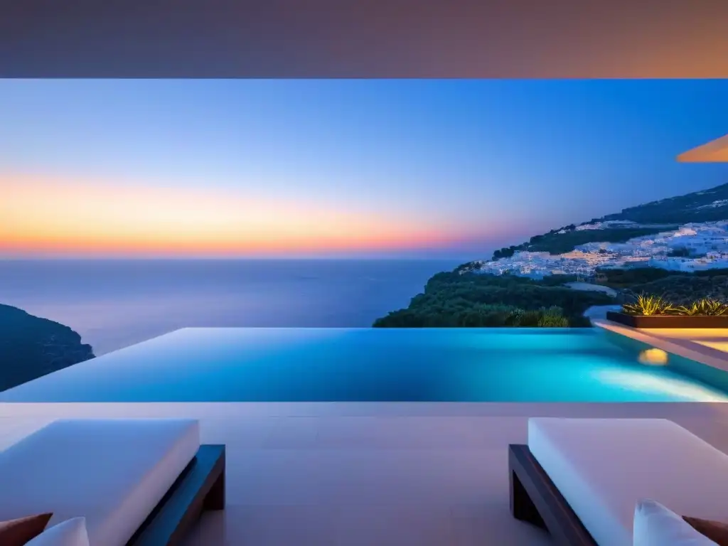 Elegante villa de lujo con vistas al mar Mediterráneo en 8k Villa de lujo con vistas al mar Mediterráneo al atardecer