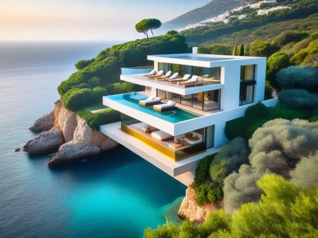 Villa de lujo con vistas al mar: arquitectura moderna y exclusividad Villa de lujo con vistas al mar Mediterráneo al atardecer