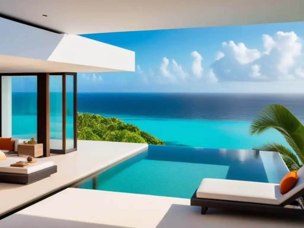Villa de lujo frente al mar en el Caribe: atardecer dorado Villa lujosa frente al mar en el Caribe, con arquitectura moderna y vista al océano