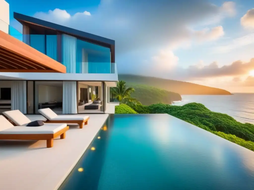 Villa de lujo frente al mar en Norteamérica: diseño moderno, piscina infinita y atardecer dorado Villa lujosa frente al mar en Norteamérica con diseño arquitectónico moderno, piscina infinita privada y paisajismo tropical exuberante
