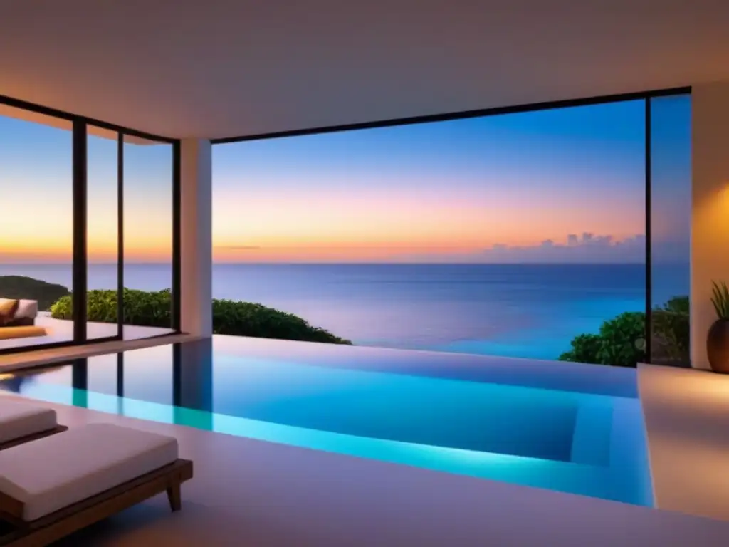 Villa de lujo frente al mar al atardecer Villa lujosa frente al mar al atardecer, con diseño moderno, piscina infinita privada y exuberante paisajismo