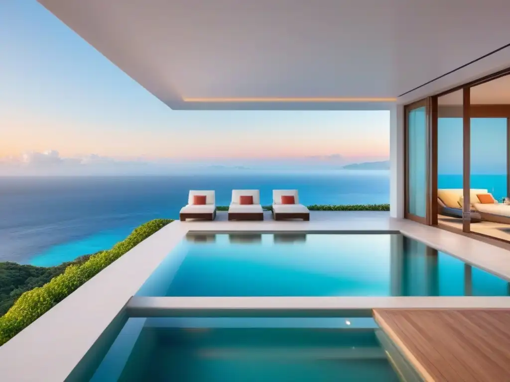 Villa de lujo con piscina infinita en acantilado Villa moderna en acantilado con piscina infinita y vista al mar turquesa