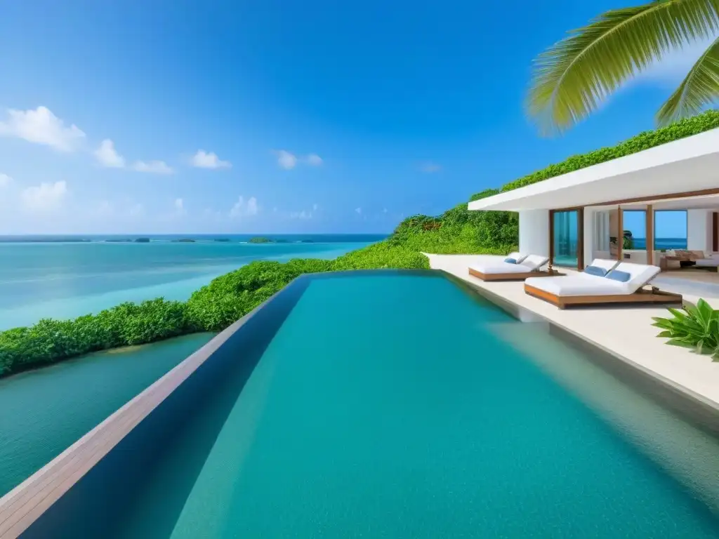 Villa de lujo en isla privada: arquitectura moderna y naturaleza exuberante Villa moderna en isla privada, rodeada de exuberante vegetación tropical y un cielo azul claro