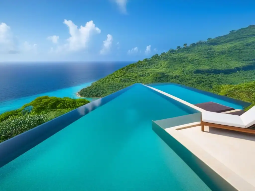 Villa de lujo con piscina infinita en acantilado Villa moderna de lujo en acantilado con piscina infinita, rodeada de naturaleza exuberante y vistas al mar turquesa