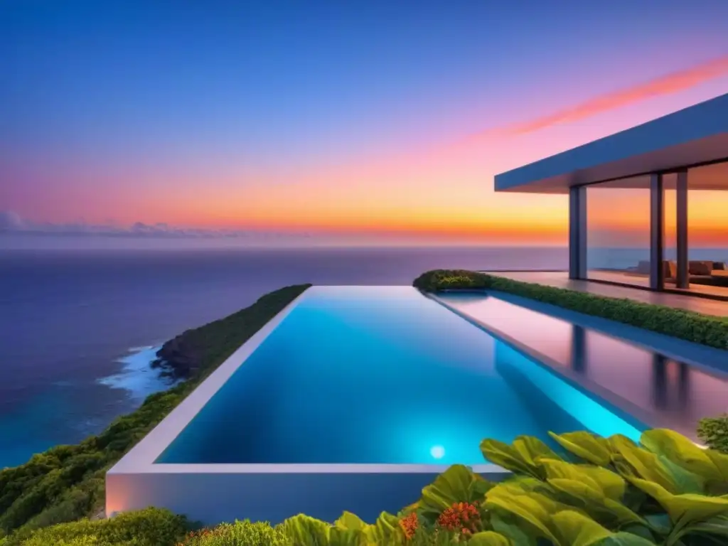Villa de lujo con vistas al mar y piscina infinita bajo el atardecer Villa moderna de lujo en acantilado con vista al mar, diseño elegante, piscina infinita y atardecer vibrante